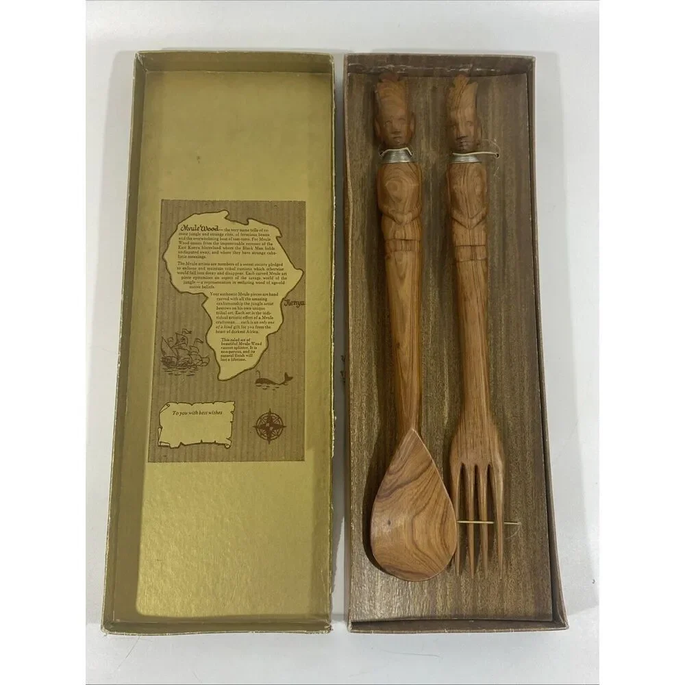 Vintage Salad Server Set African Kenya‎ Mvule Wood Fork Spoon New w/Box